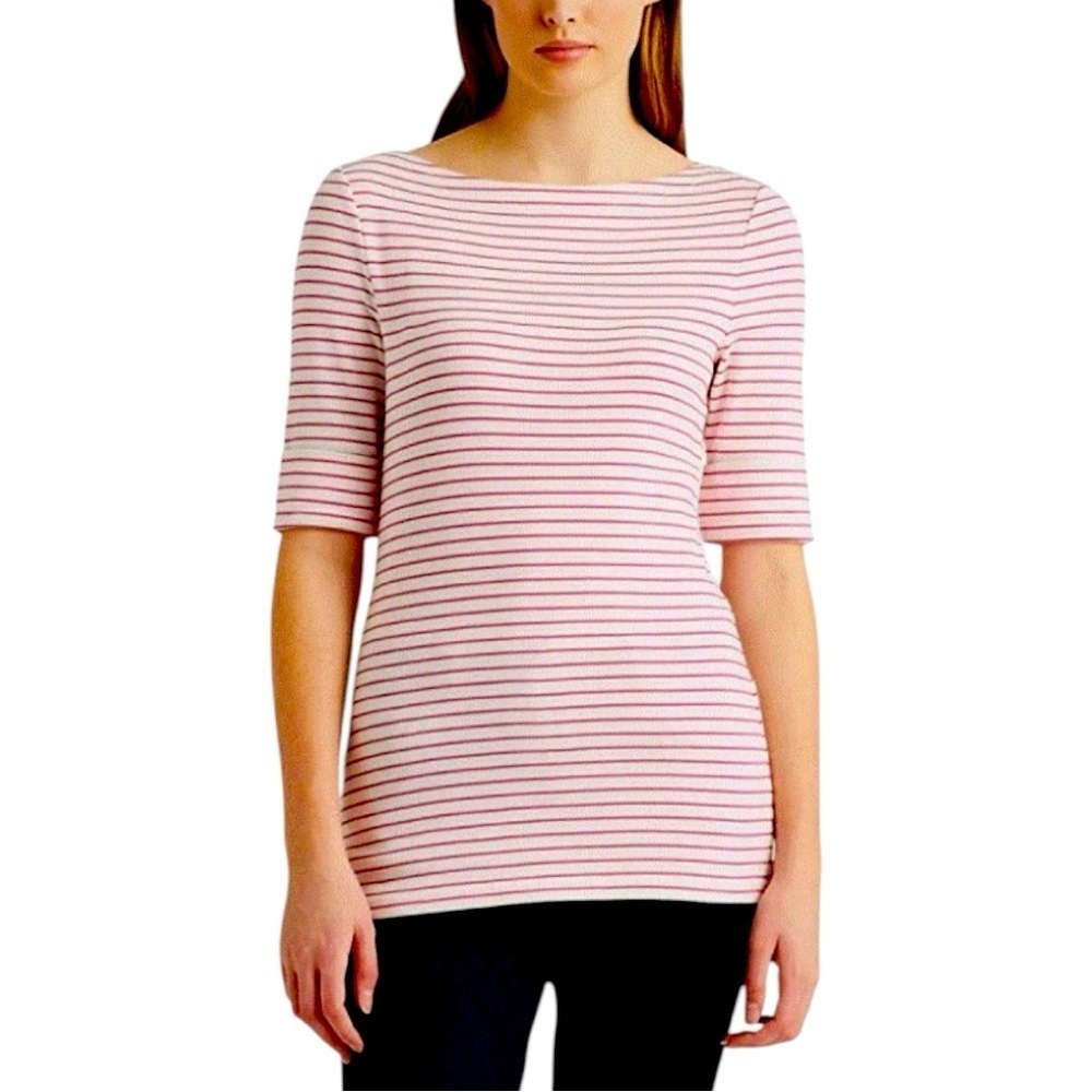 Lauren Ralph Lauren Timeless Pink white Striped half short sleeve boatneck top